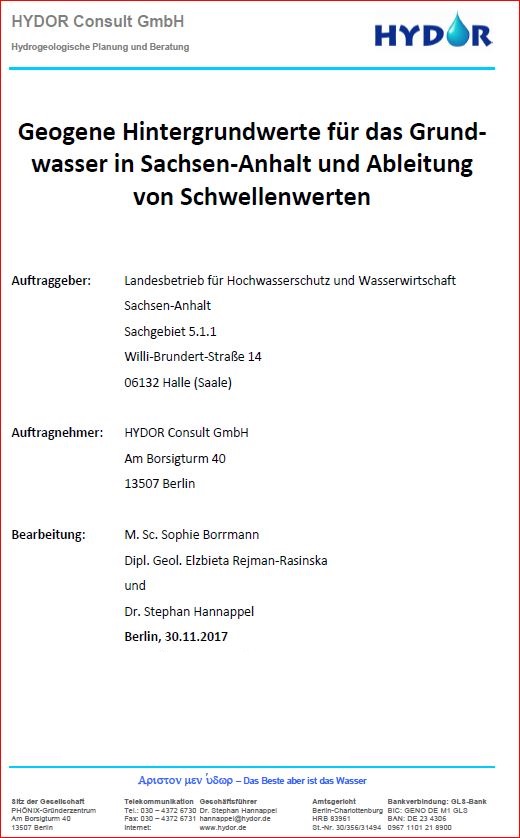 Titelseite des Berichtes "Geogene Hintergrundwerte für das Grundwasser in Sachsen-Anhalt und Ableitung von Schwellenwerten"
