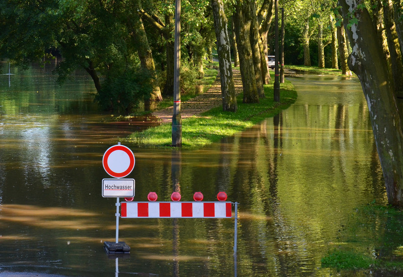 Blick auf ein Sperrschild, das umgeben von Bäumen im Wasser steht. Unter dem Durchfahrtverbotenschild prangt die Aufschrift "Hochwasser". 