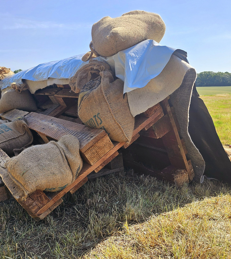 Deicherhöhung mit Hilfe von Europaletten, Plane und Sandsäcken, angelegt im Rahmen einer Wasserwehrschulung.