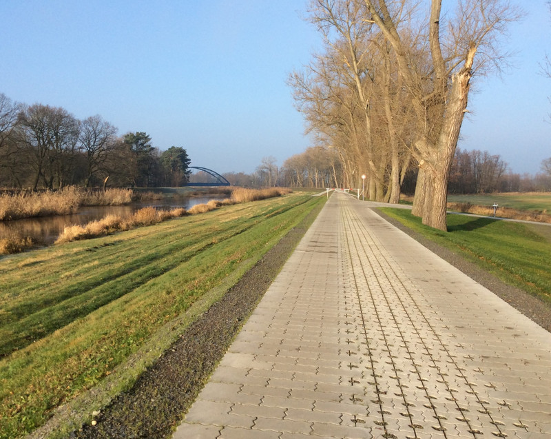 Blick auf einen gepflasterten Deichkronenweg
